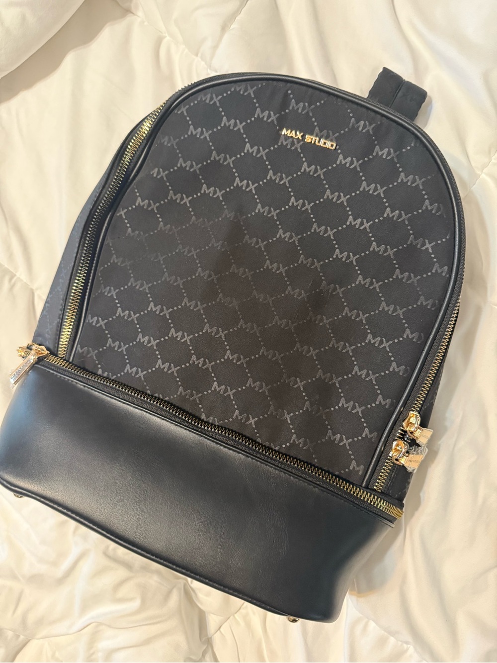 Max Studio Black Monogram Logo Backpack with Gold Hardware